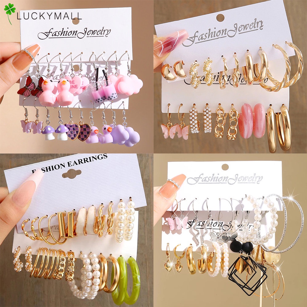 Fashion Resin Emas Perak Anting Set Perak Untuk Wanita Mutiara Kristal Jantung Stud Hoop Earring Butterfly Bebek Bintang Perhiasan Aksesoris