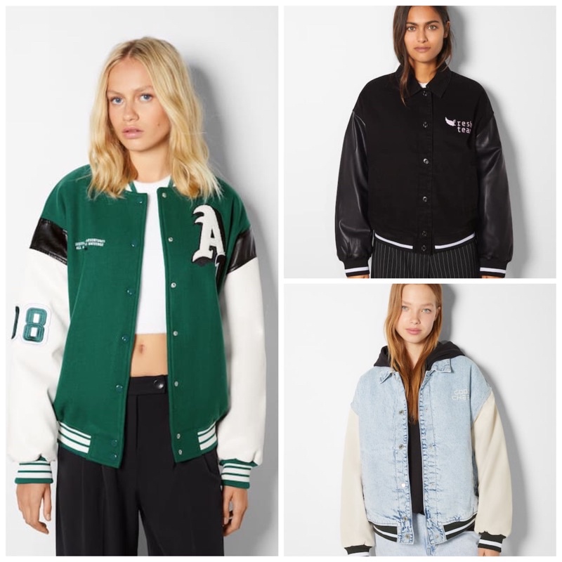 Ready Oversize Loose Logo Varsity Patch Faux Leather Jacket Bomber Baseball Black green Blue Jeans D