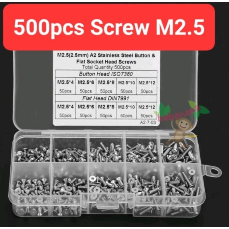 500pcs M2.5 Hex Screw Flat Head Button Head Baut Sekrup Stainless