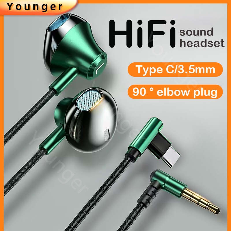 90°Elbow Type-C/3.5mm Metal Wired Headphones HiFi Headset Suara No latency In-Ear Earphone Dengan Mic Sport Pengenalan Posisi Game Earbuds