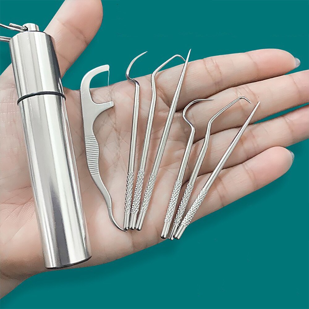 1 Set Tusuk Gigi Portabel Bahan Stainless Steel Dapat Digunakan Kembali