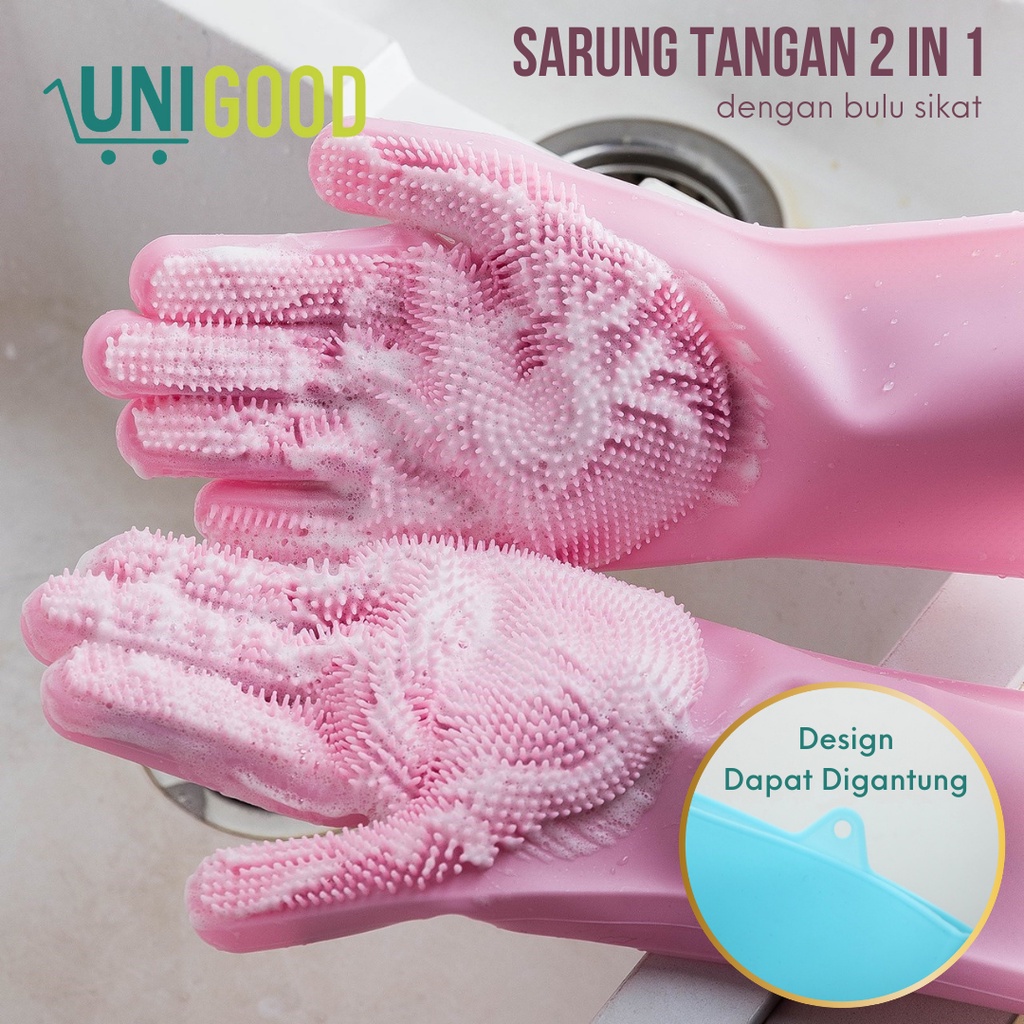 UNIGOOD - Sarung Tangan Cuci Piring Silikon Tebal 2 in 1 dengan Bulu Sikat