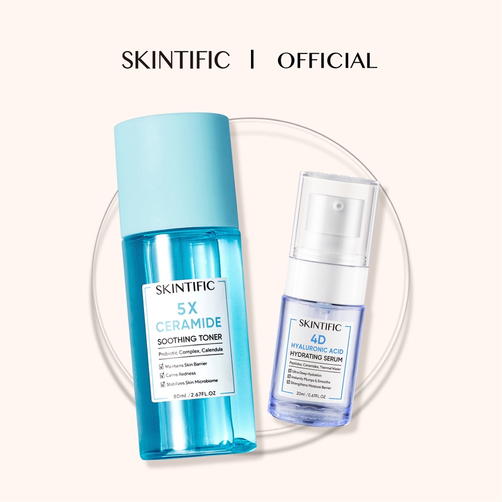 SKINTIFIC 5X Ceramide Soothing Toner 80ml/ 4D Hyaluronic Acid Hydrating Serum 20ml Serum Pelembab