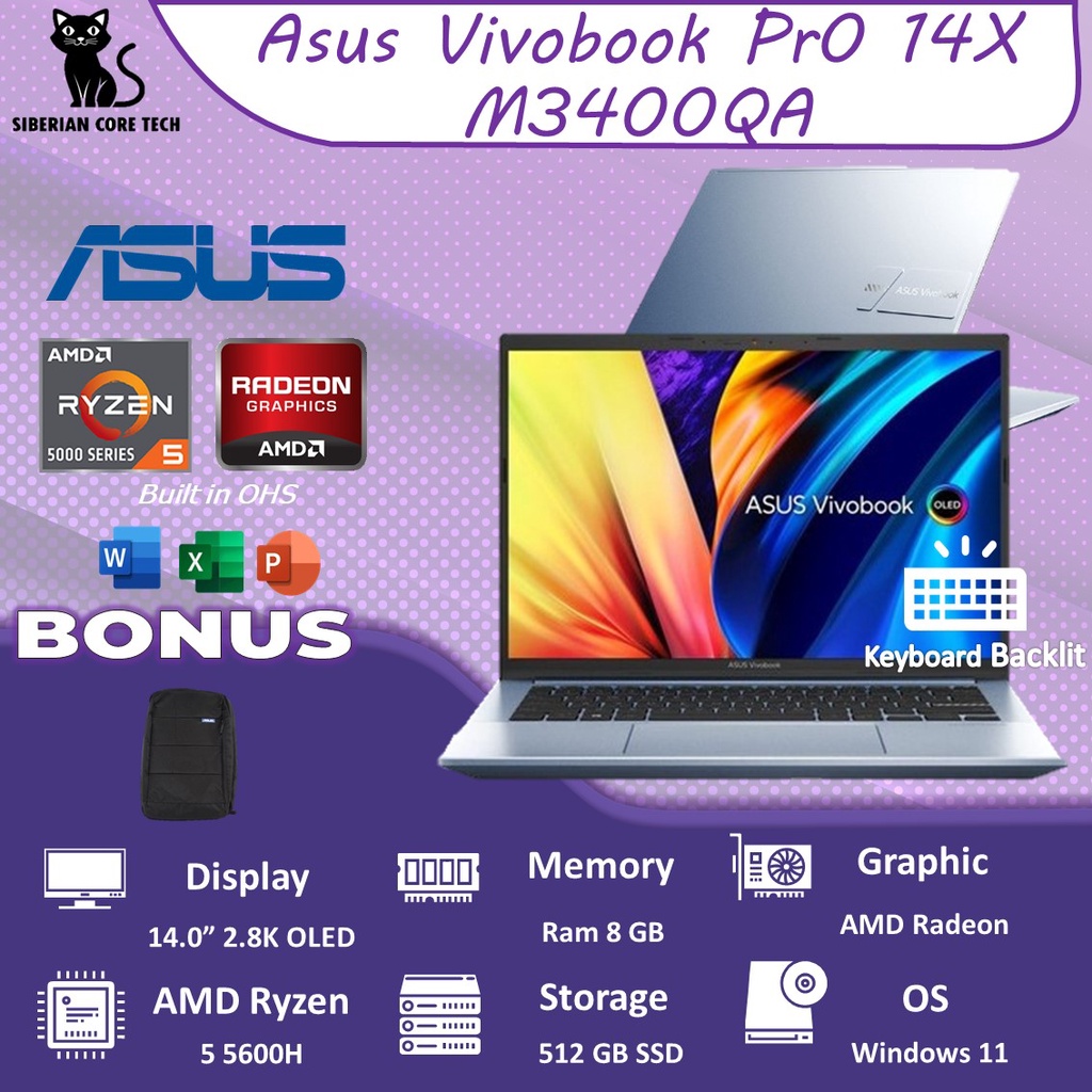 ASUS VIVOBOOK PRO 14X OLED M3400QA OLEDS554 RYZEN 5 5600H 16GB 512SSD VEGA7 W11+OHS 14.0 2.8K SLV