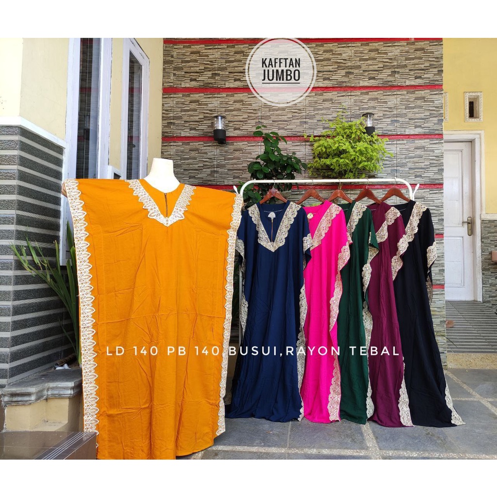 Dlusia Kabira Kaftan Renda Rayon Premium Gamis Arabian Lace Baju Muslim Bigsize Polos Kekinian LD 140 cm