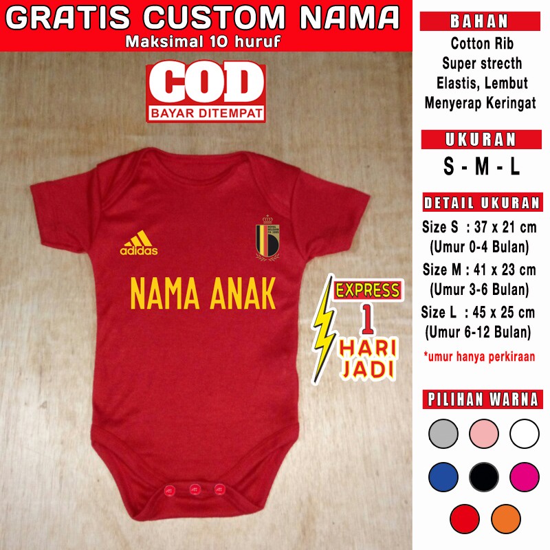 Baju Bola Bayi Negara Belgia Belgium GRATIS CUSTOM NAMA Piala Dunia Euro World Cup Pakaian Bayi Jump