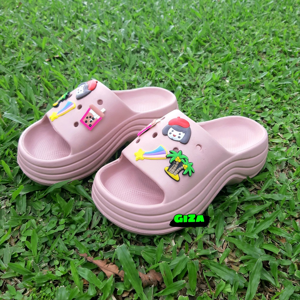 Sandal Slop Wedges Wanita Sendal Fuji EVA Rubber Jelly Bahan Tebal Ringan