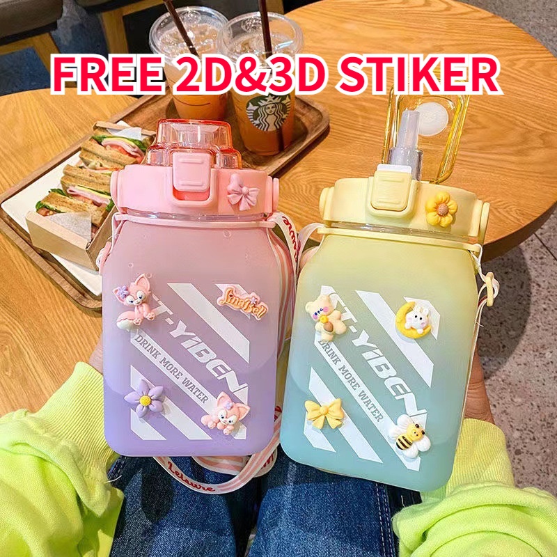 【FREE STICKER 2D&amp;3D】Botol Viral Gemoy Kotak/botol Minum 2 Liter Viral Free Sticker/Korea Viral Botol Motivasi/Botol Minum Penanda Waktu 2 Liter