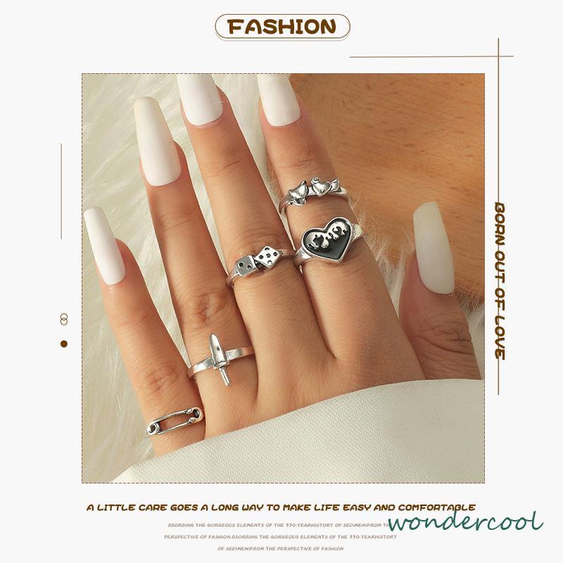 Domingo Ring Alloy peniti dadu love pedang retro silver cincin wanita fashion korea 5 set-Won