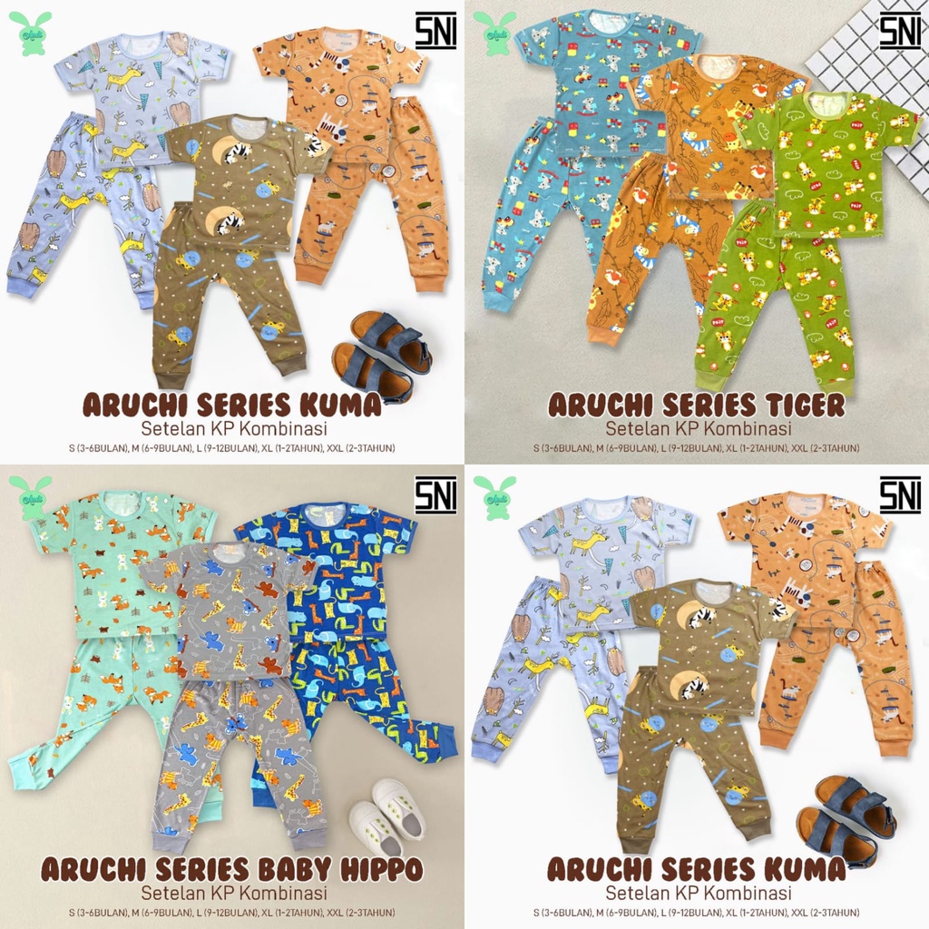 ARUCHI PIYAMA BAYI OBLONG PENDEK CELANA PANJANG MOTIF KUMA / TIGER / SEA LION SIZE SML XL XXL (3-24 