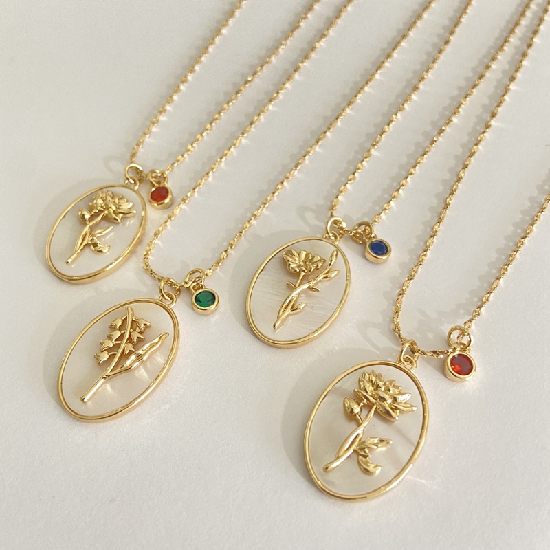 Baru 18 K Emas Lahir Bunga Kalung Birthstone Charms Putih Alami Shell Oval Flower Necklace Untuk Wanita