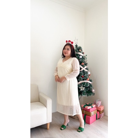 [ LittleBigCloth ] Pearly Dress // Midi dress Wanita Dress Lace Dress Brokenwhite Dress Pesta