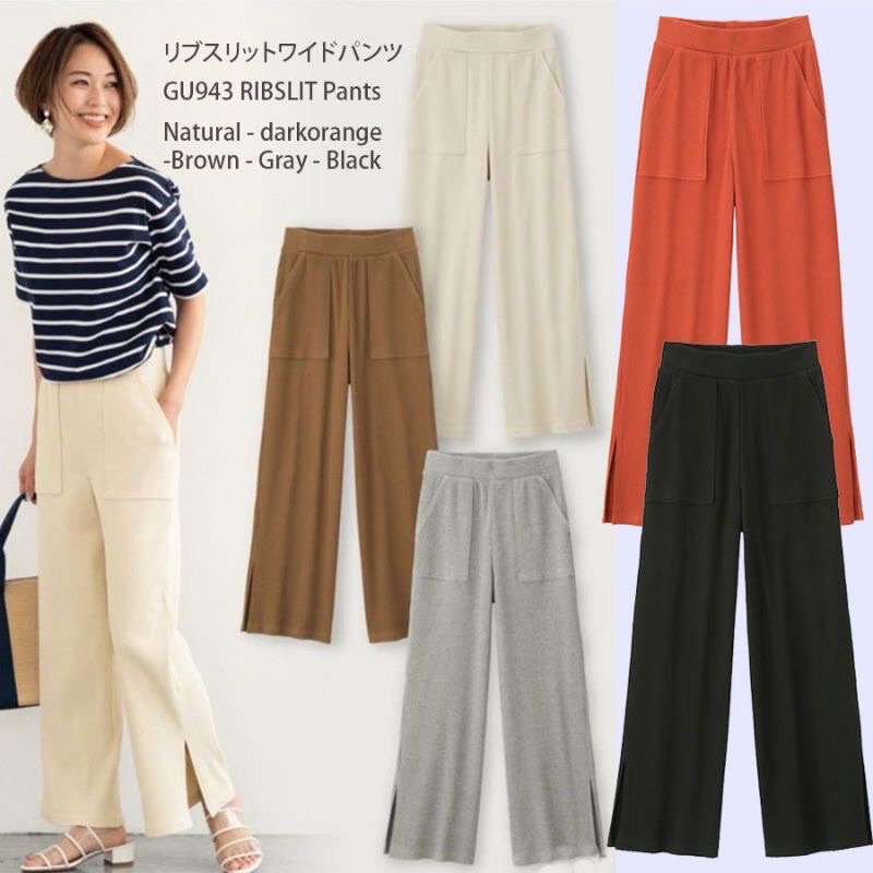 GU by Uniqlo-Cullote Rib Knit Slit Wide Pant- Celana Bahan Rajut Kulot Panjang Wanita- Kulot Rib Kni