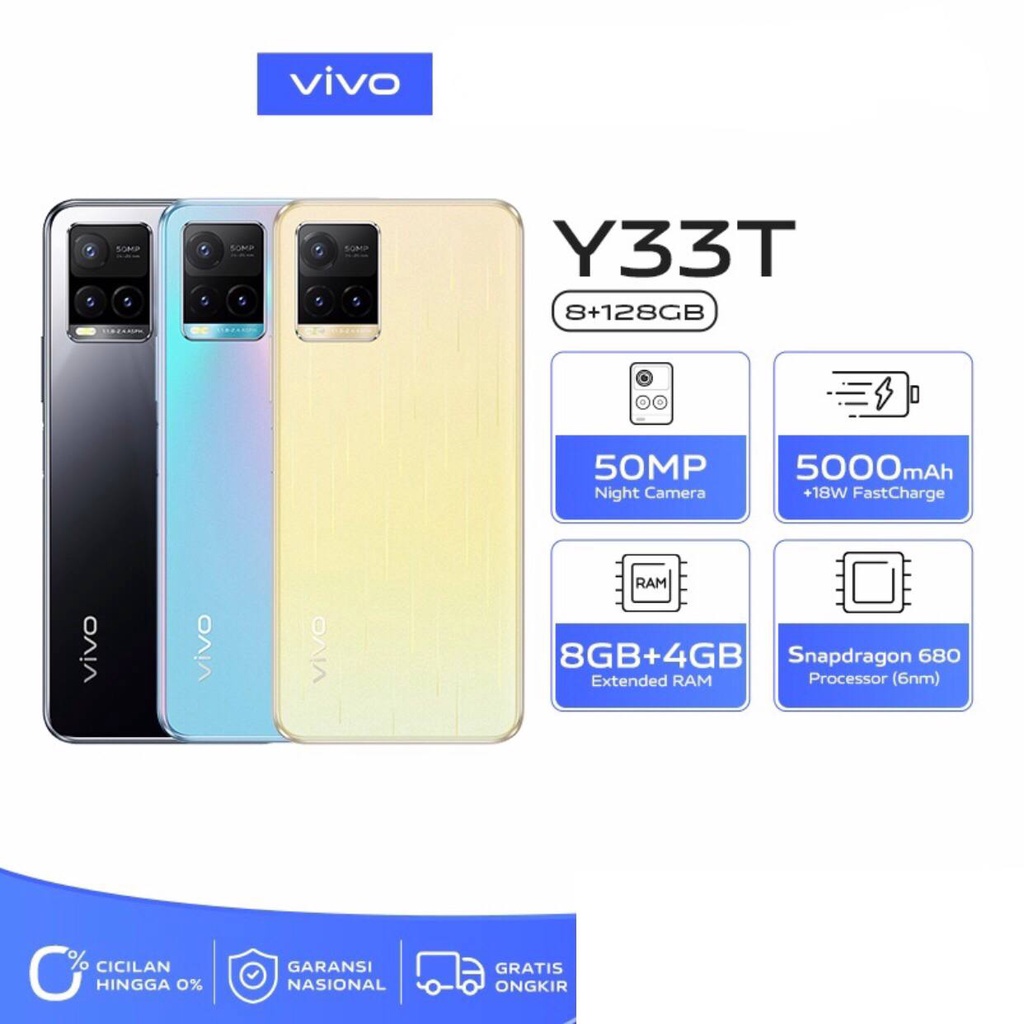 Vivo Y33T | 8GB+128GB |Snapdragon 640 | 50MP Triple Camera | 6.58&quot; IPS LCD | Li-Po 5000mAh | Garansi Resmi Vivo 1 Tahun