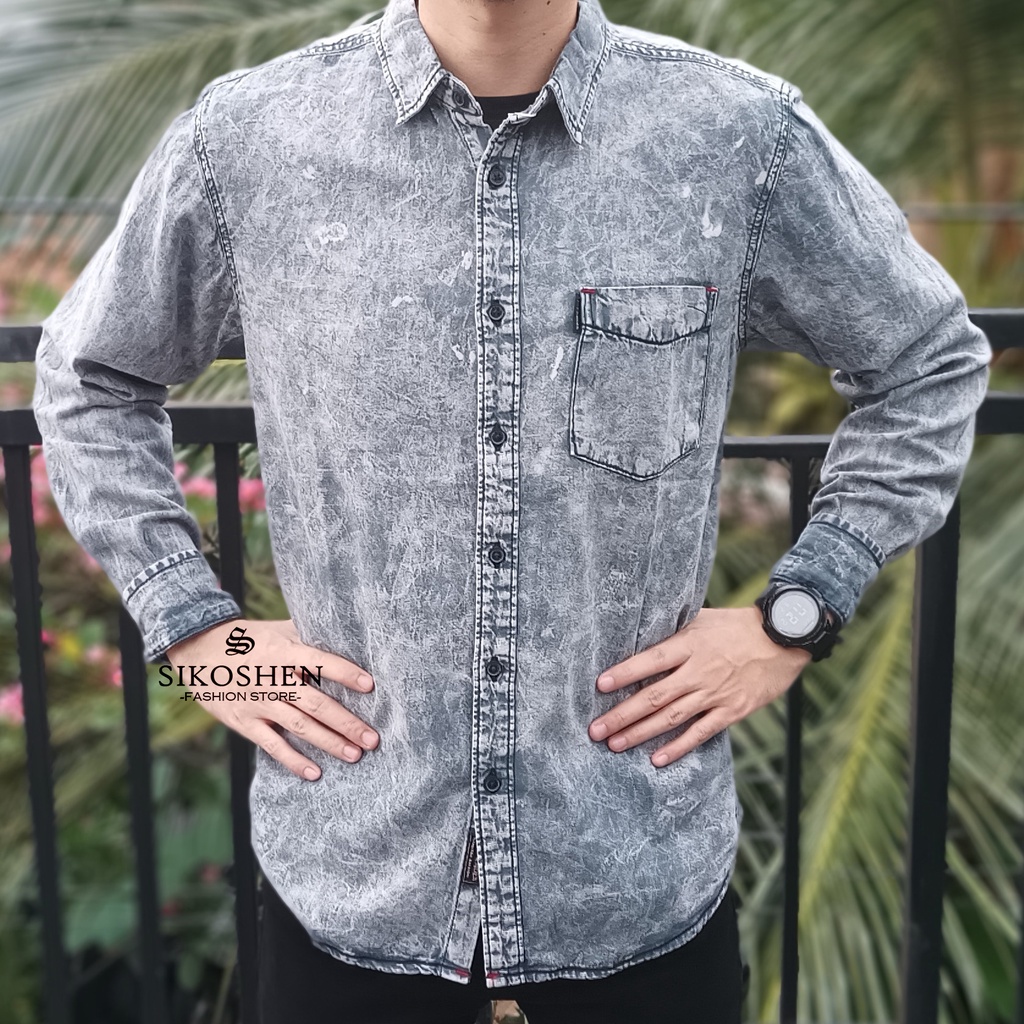 Kemeja Denim Jeans Lengan Panjang Kemeja Panjang Denim Washing Pria