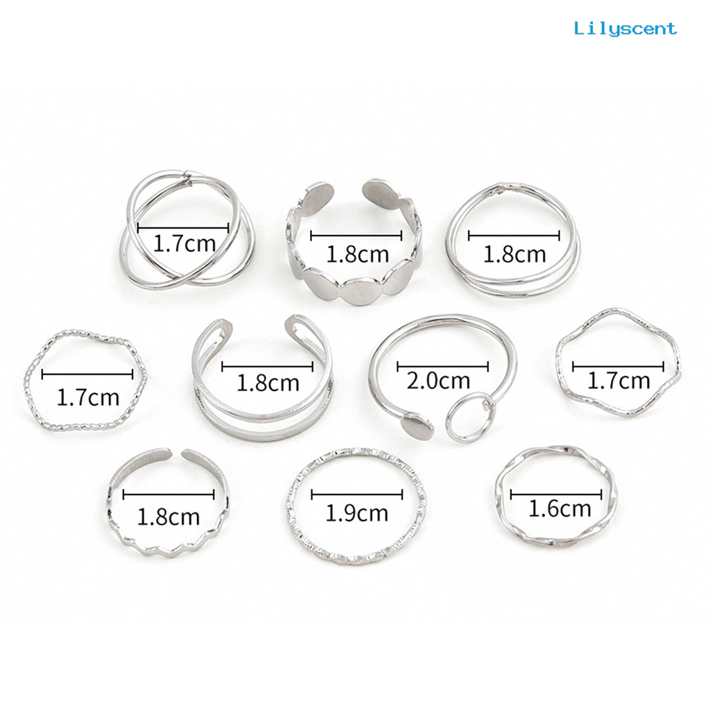 [LS]10Pcs Wanita Cincin Geometris Punk Kilau Cerah Slim Semua Pertandingan Dekorasi Gelombang Sederhana Silang Lingkaran Jari Cincin Perhiasan Pesta Untuk Pakaian Sehari-Hari