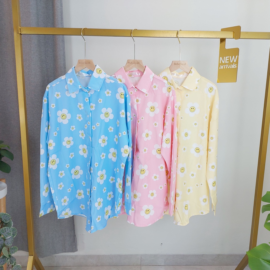 KEMEJA NOK BANGKOK OVERSIZED MOTIF SMILEY FLOWER FASHION WANITA IMPORT BANGKOK