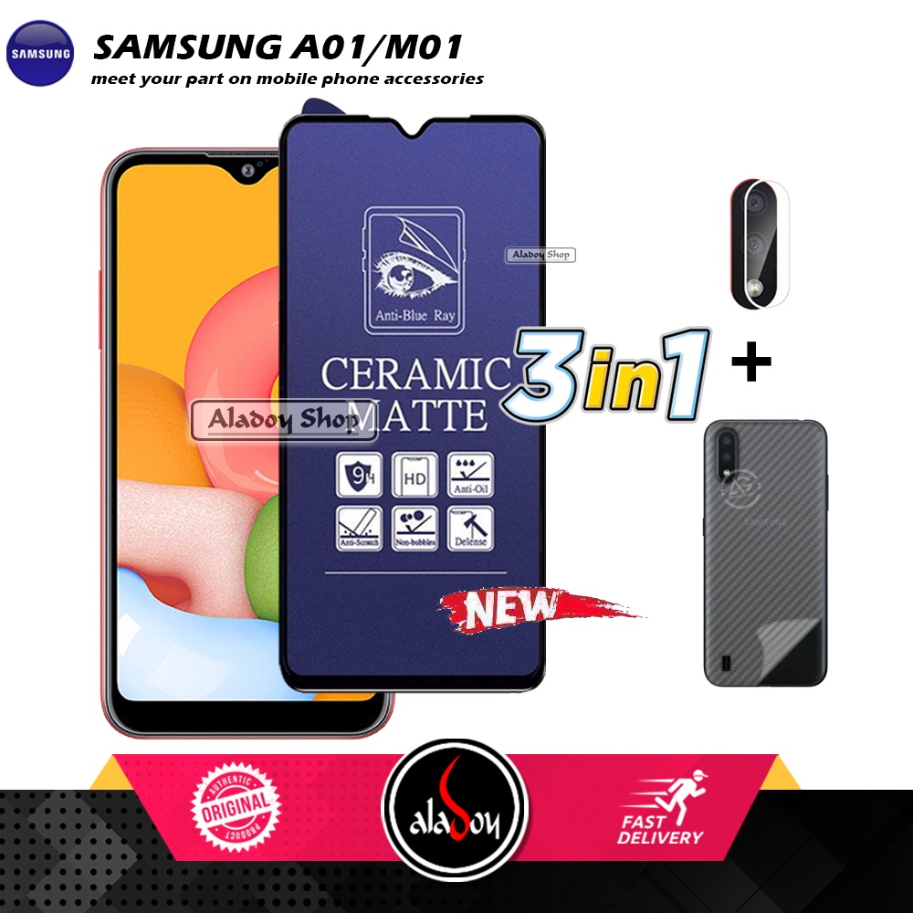 PAKET 3IN1 Anti Gores Blue Matte Anti Glare Samsung A01/M01 + Tempered Glass Camera dan Skin Carbon