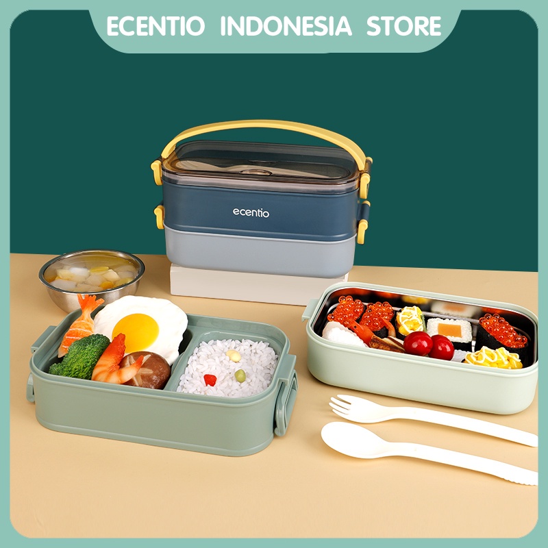 ecentio 2 susun tempat makan bekal stainless steel anti tumpah dan tahan panas wadah portabel kotak makan siang tempat makan double layer lunch box