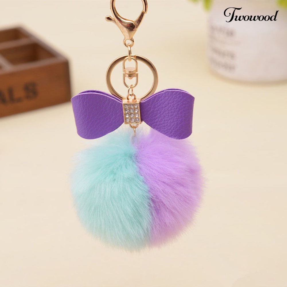 Twowood Faux Rabbit Fur Ball Fluffy Ikatan Simpul Pesona Gantungan Kunci Mobil Handbag Phone Key Ring