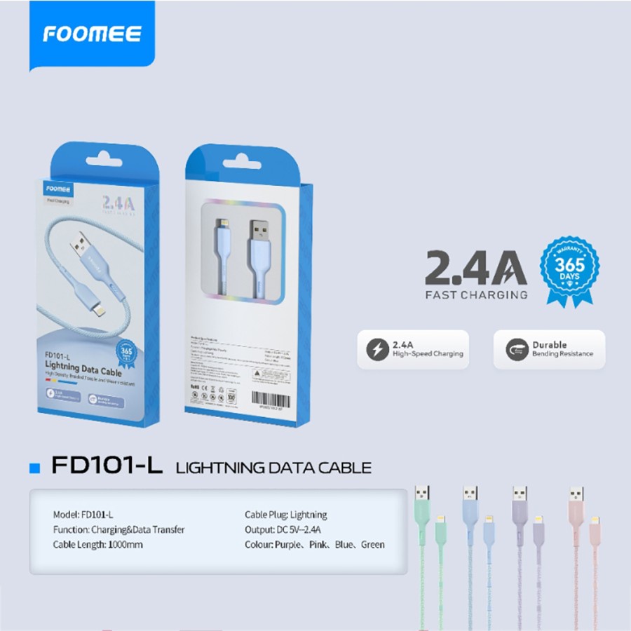 FOOMEE FD101 Kabel Data Type C 3A Kabel Charger Lightning 2.4A 100CM