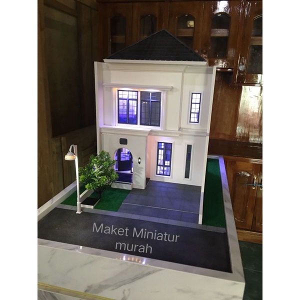 Miniatur Rumah Maket Rumah Minimalis 2 Lantai Full aksesoris cover dan meja
