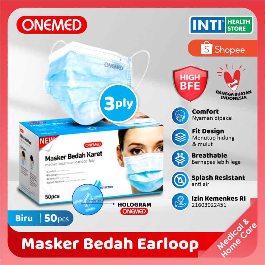 Onemed | Masker 3 Ply Earloop Medis | Earloop Surgical Mask |  Biru