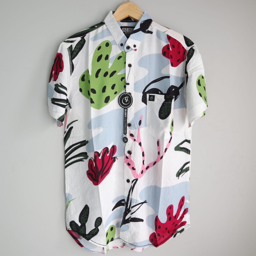 Kemeja pantai pria motif floral abstrak bahan rayon premium
