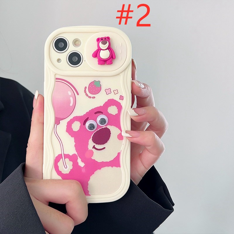 Cute Strawberry Bear Doll Push The Window Cover Soft Case iP iPhone 11 12 13 14 Pro Max + Plus Wavy Casing Apple