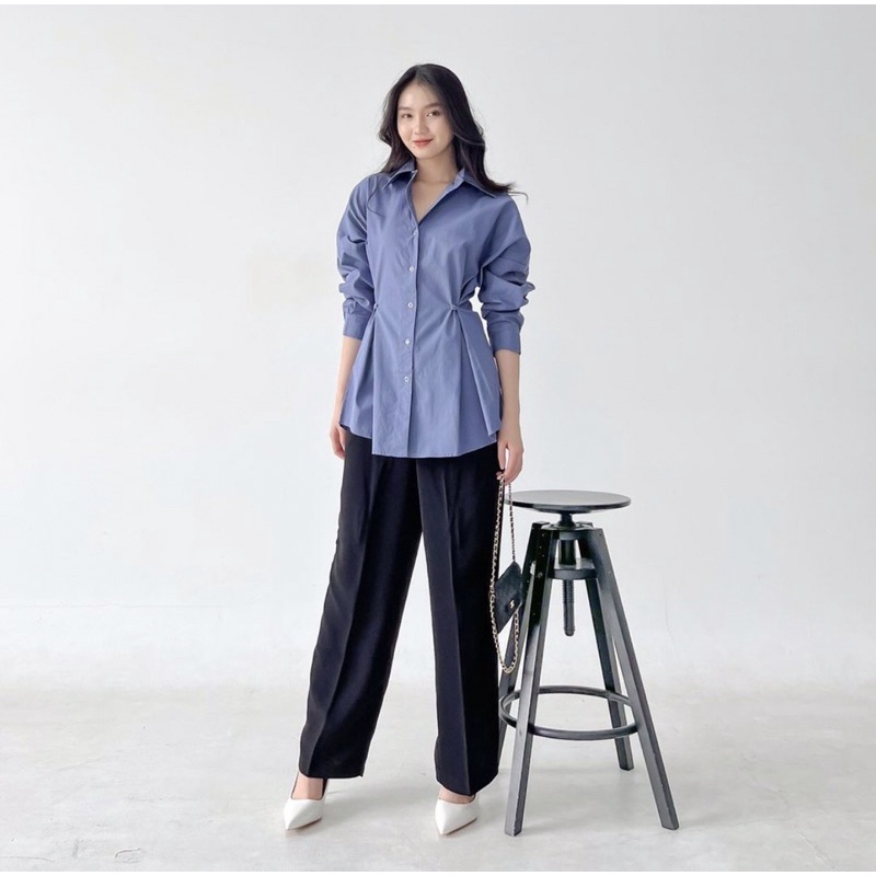 ZOE LONGSLEEVE OUTER TOP KOREA  BUTTON SHIRT - BLOUSE WANITA - OFFICE OUTFIT LOOK - KEMEJA KERJA - KEMEJA KASUAL - HADIAH / KADO ULTAH UNTUK CEWEK