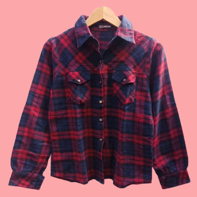 THRIFT PLAID RED NAVY TARTAN FLANNEL SHIRT (kemeja flanel, atasan kotak kotak, merah biru dongker, o