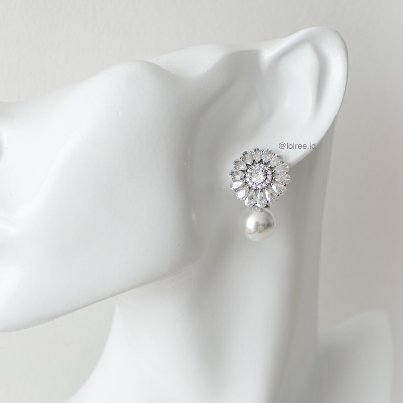 AURORA | Wedding Collection - Zirconia Pearl Round Halo Drop Stud Earrings - Anting Tusuk Bridal Wanita