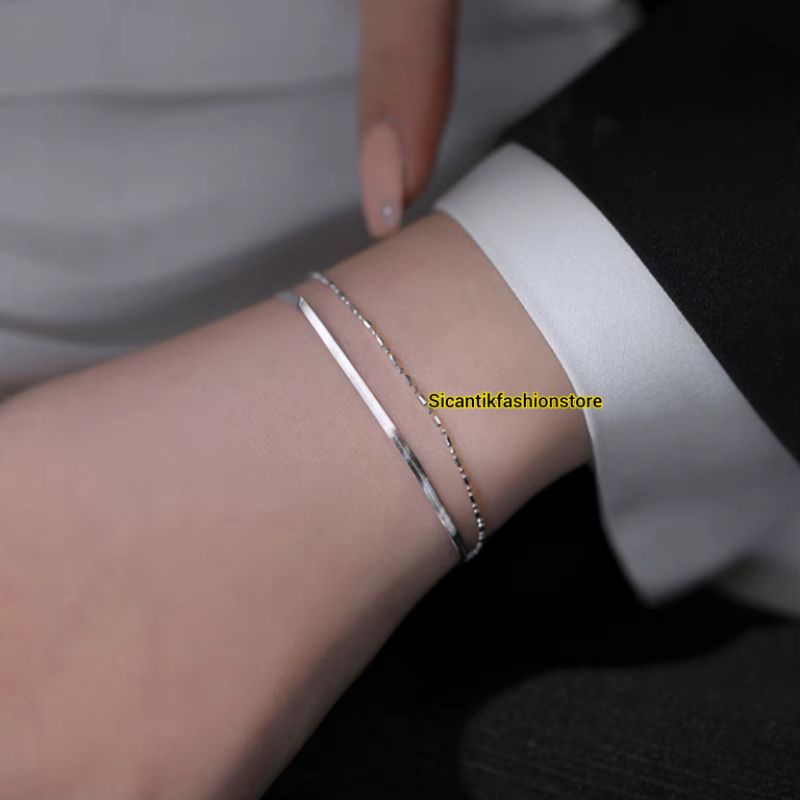 GELANG TITANIUM WANITA SILVER 2 LAYER TRENDING TERBARU ANTI KARAT SELAMANYA GELANG TITANIUM FASHION STYLE WANITA KOREA PERHIASAN KOREA ASLI TITANIUM GELANG WANITA PERAK SILVER 925 GELANG MODEL GEPENG