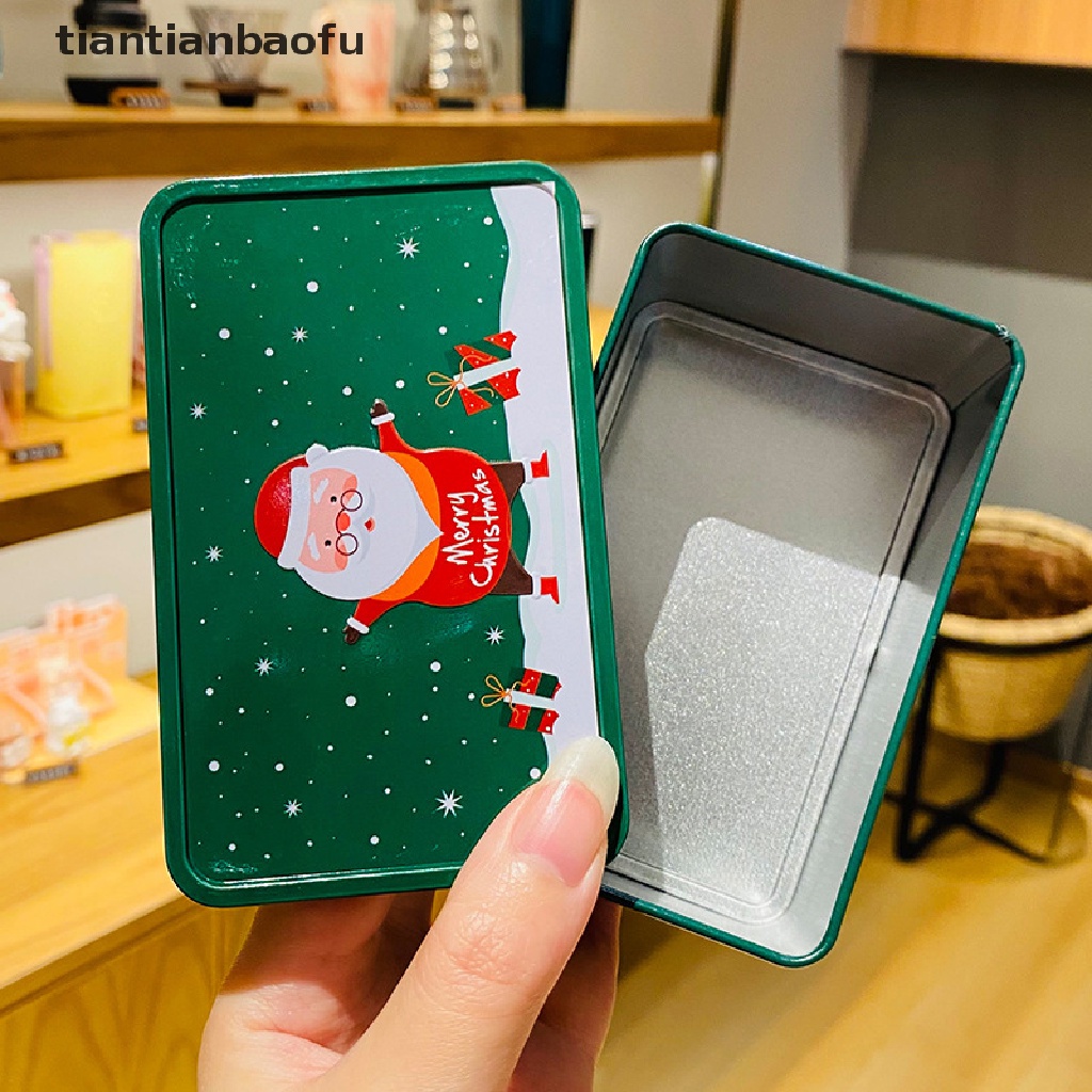 [tiantianbaofu] Christmas Storage Tin Box Portable Persegi Natal Cookie Tins Santa Tinplate Candy Box Kotak Hadiah Wadah Penyimpanan Logam Rumah Butik