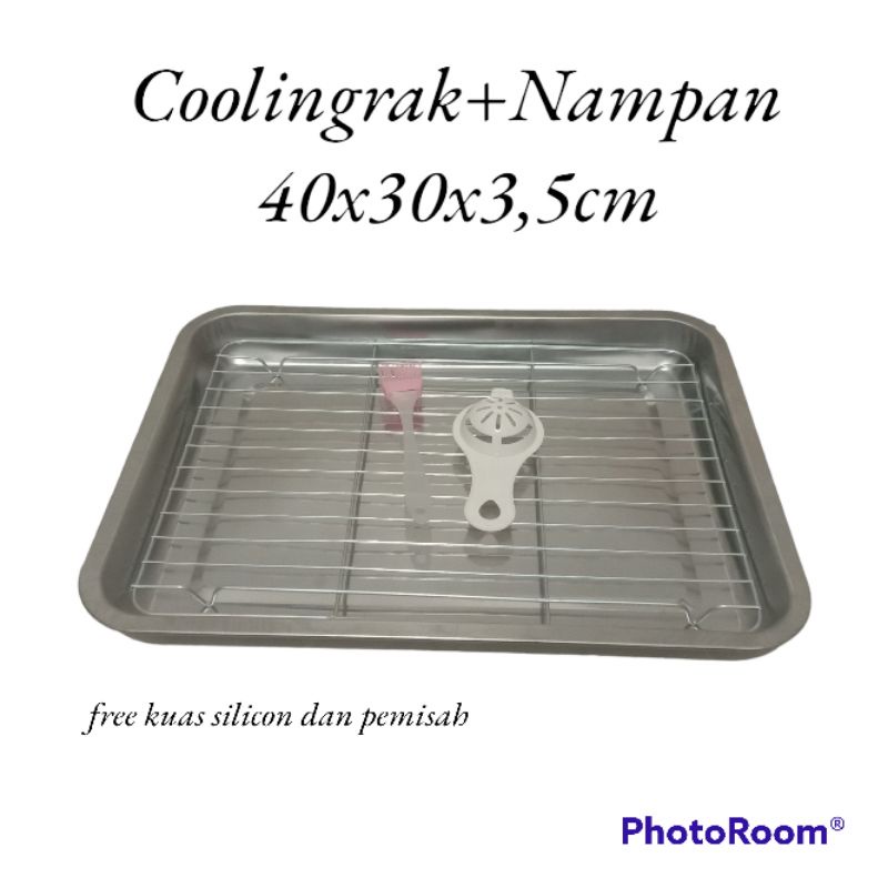 Cooling rak Plus Nampan Wadah Peniris Minyak Makanan, Gorengan,Ikan, Ayam, Sayuran, Stainless steel Anti Karat Tahan Panas Bonus Kuas Silicon Tahan Panas Dan Pemisah Kuning Telur 1Set