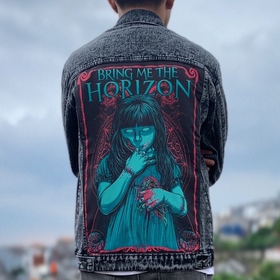 Jaket Jeans Denim Casual Printing Pria Dan Wanita ( BLACK SANDWASH BRING ME THE HORIZON )