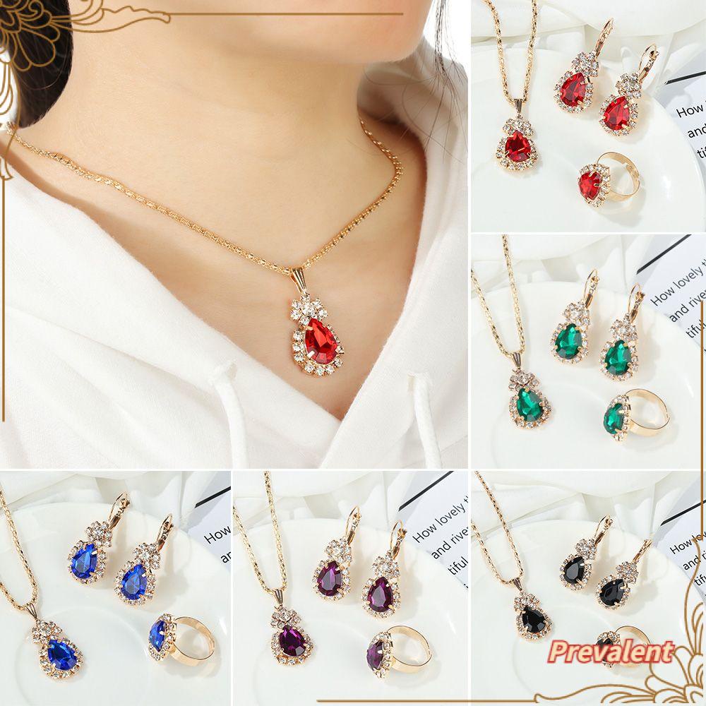 Preva Set Perhiasan Warna-Warni Hadiah Anting Pengantin Dekorasi Tiga Potong Cincin Kalung