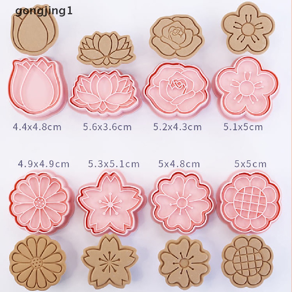 Ggg 8Pcs /Set Bentuk Bunga Pemotong Kue Kering 3D Plastik Biskuit Cetakan Cookie Stamp DIY Fondant Cetakan Kue Dapur Baking Pastry Bakeware Cookie Press Mold ID