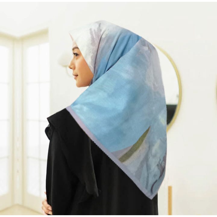 Diskon !! Hijab Segiempat Voal Motif Bunga Abstrak Biru | Jilbab Voal Motif | Kerudung Segiempat Voal