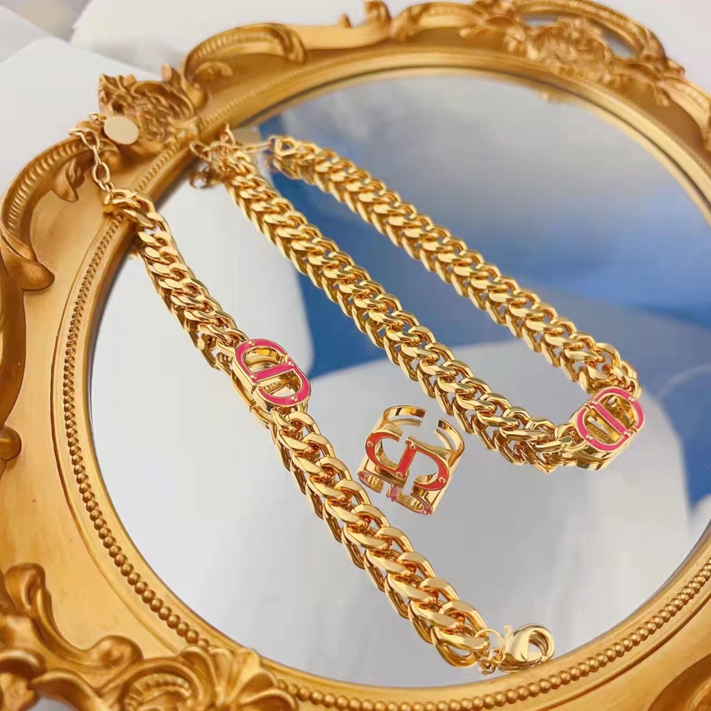 Set Titanium Kalung Dan Gelang C&amp;D Perhiasan Wanita (Warna Pink)