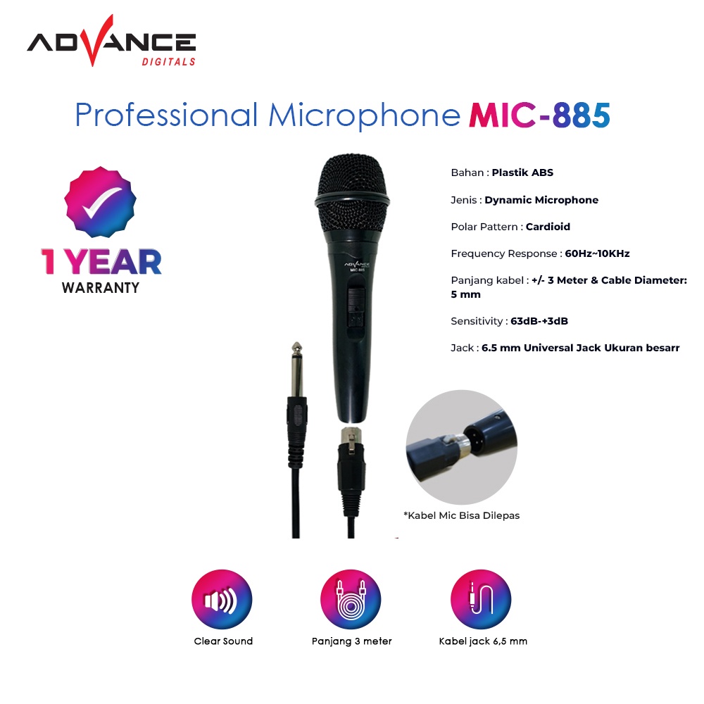 Mic Kabel ADVANCE Mikrofon Karaoke Profesional Dynamic Single Microphone Mic-885 Suara Jernih