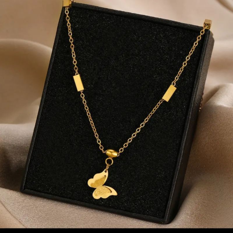 KALUNG TITANIUM WANITA EMAS LAPIS 18K KALUNG RANTAI DADU LIONTIN KUPU - KUPU