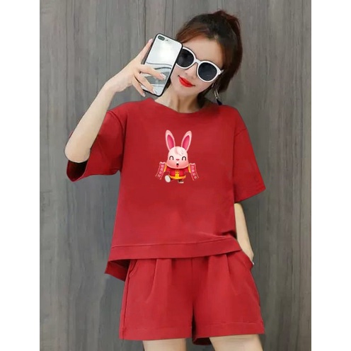 Setelan Celana Pendek Wanita Bunny Setelan Santai Wanita Kelinci Baju Santai Wanita Set Celana Pendek