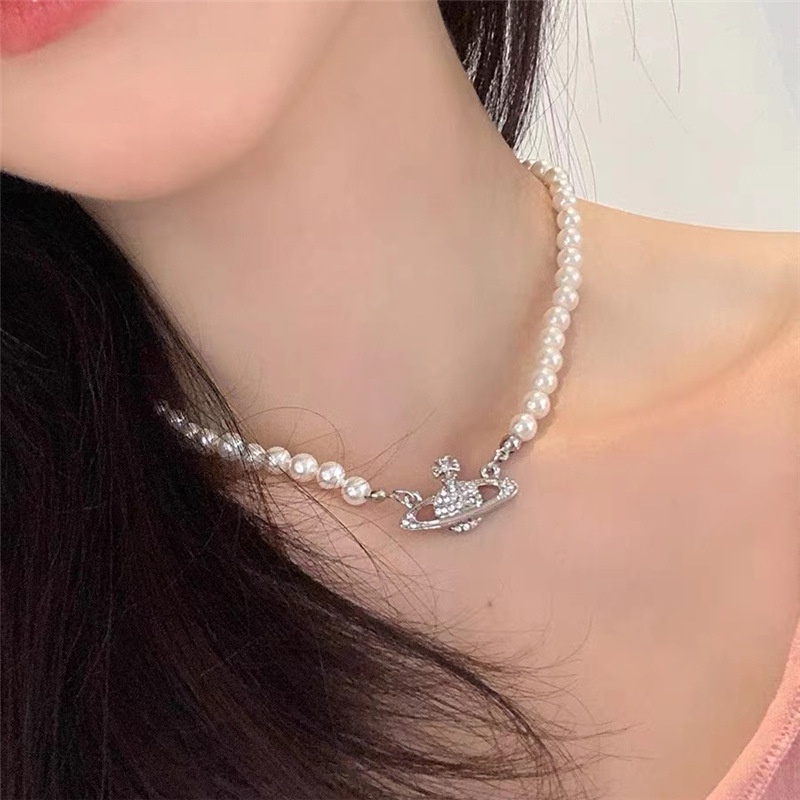 Kalung Mutiara Planet Zirkon Korea Liontin Fashion Elegan Untuk Aksesoris Perhiasan Wanita