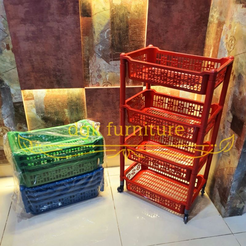 Rak Salon Keranjang Segi 4 Susun serbaguna serba guna 4 tingkat empat tingkat Roda Beroda Plastik