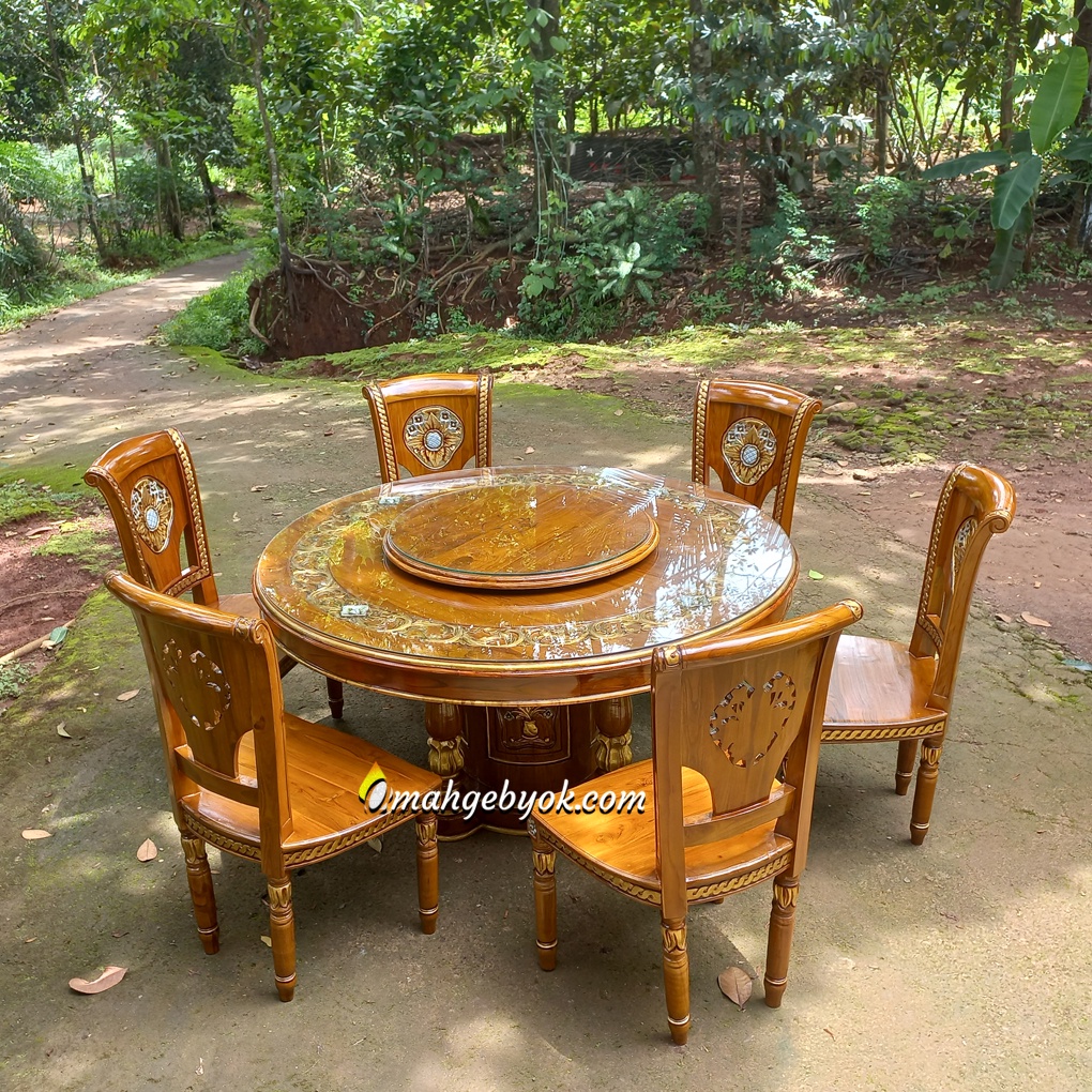 Meja Makan Bulat Ukir 6 Kursi Kayu Jati Premium Asli Jepara Kaki Tabung