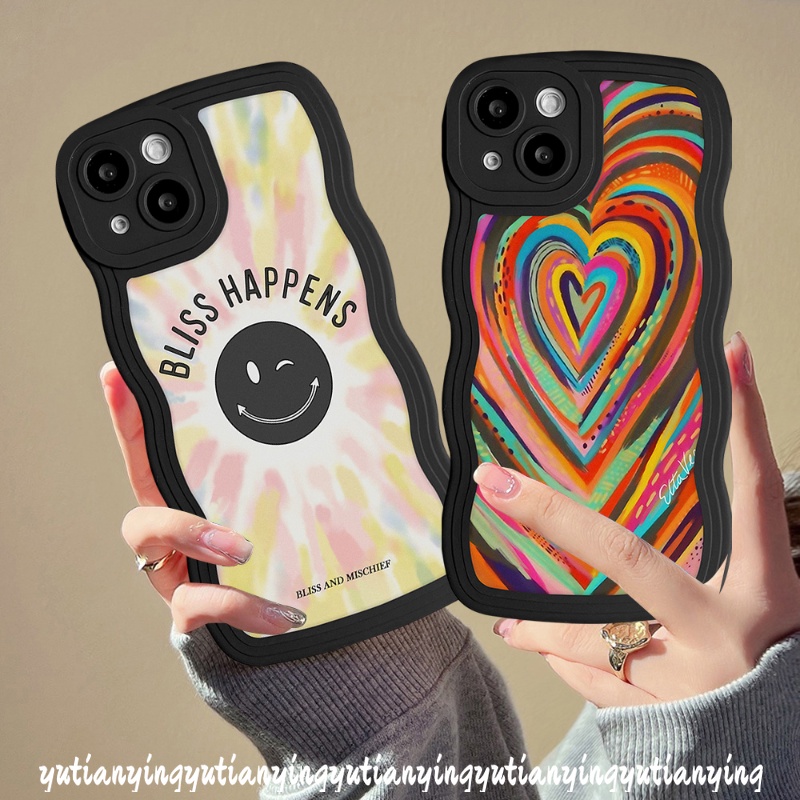 IPHONE Casing Ponsel Smiley Lucu Kompatibel Untuk Iphone11 12 14 13 Pro Max 6 6s 7 8 Plus XR 14 Plus X XS Max SE 2020 Ins Gradasi Warna-Warni Cinta Hati Pelangi Bergelombang Tepi Lembut TPU Cover