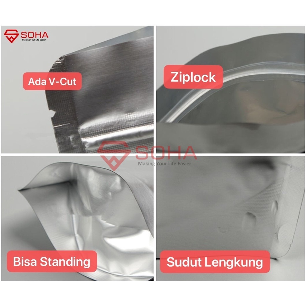 PVM-011 per 50 Lembar Standing Foil Pouch Ziplock Aluminium Foil Zipper Silver Packing Plastik Klip Kemasan Saset Snack / Zip Lock Plastik Kantong Makanan