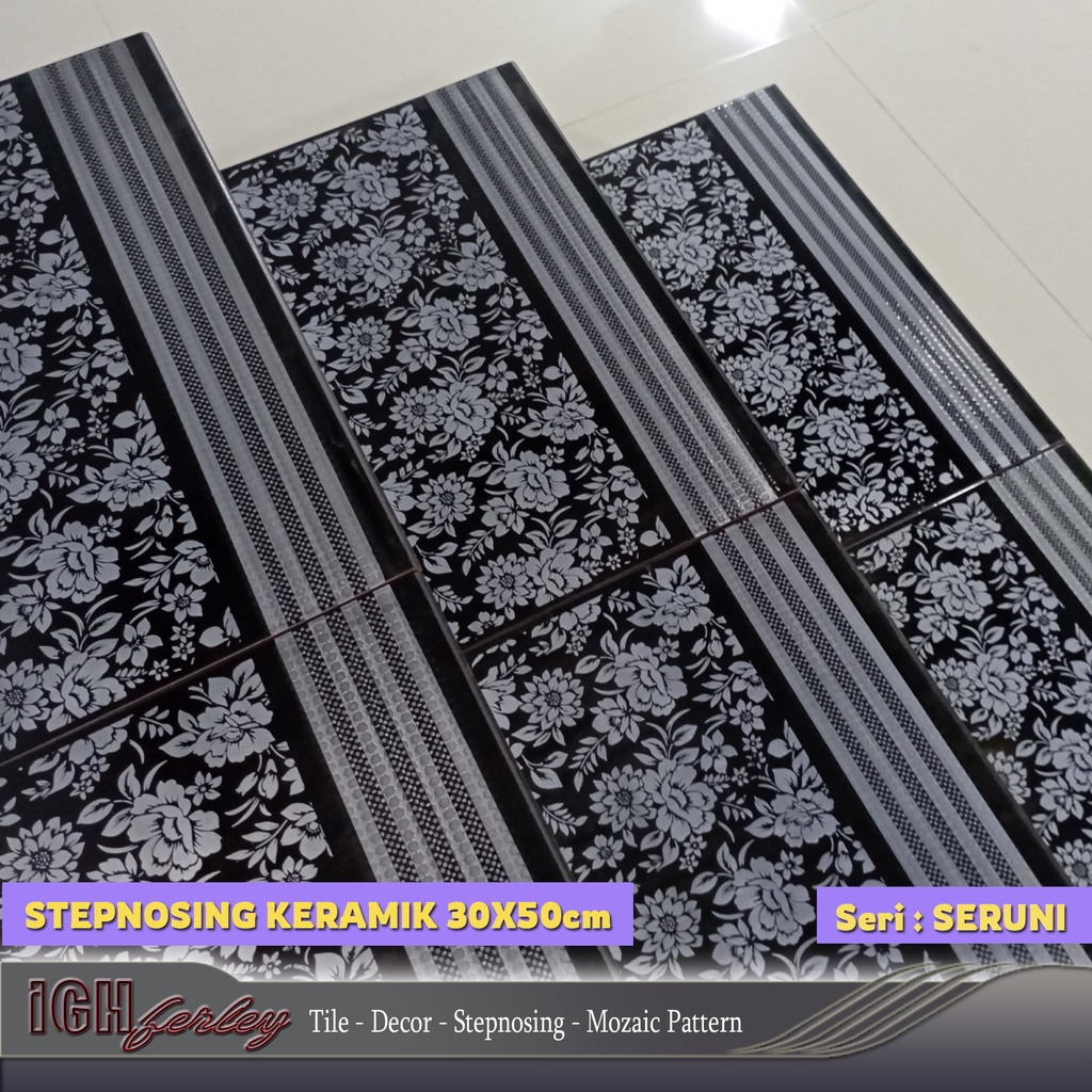 Stepnosing Keramik 30x50 Hitam Motif Bunga Seruni Lantai Tangga Anti Selip bahan Ceramic Termurah