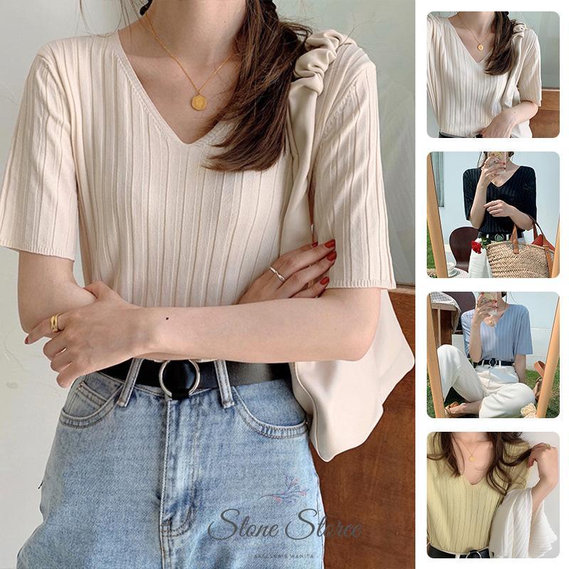 COD Kaos V Neck Wanita / Crop Top / Atasan Wanita / kaos lengan pendek wanita T shirt/ Bahan Rajut W